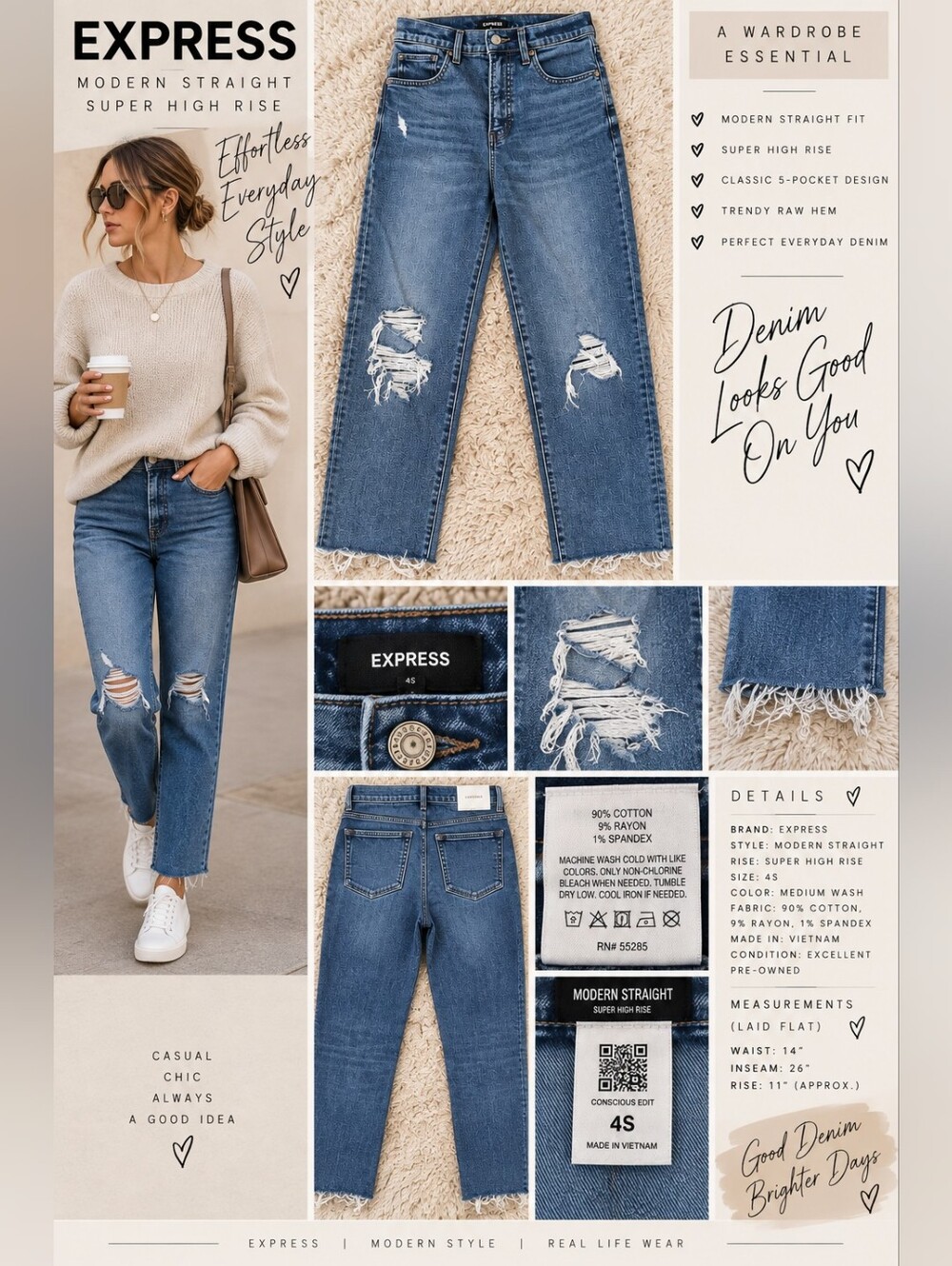 ✨ Express Modern Straight Super High Rise Distressed Jeans – Size 4S